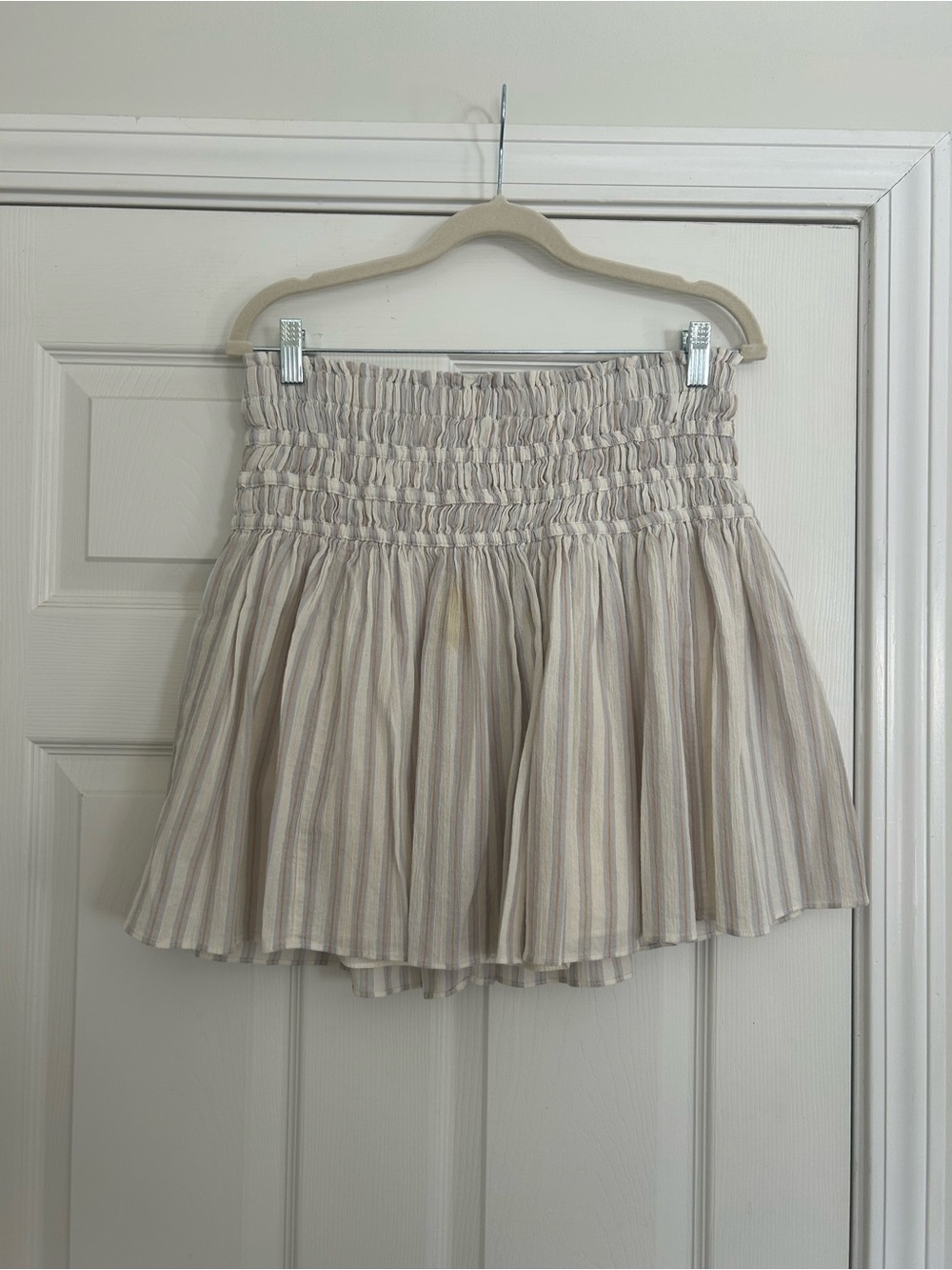 Madewell Cream & Tan Striped Smocked Mini Skirt